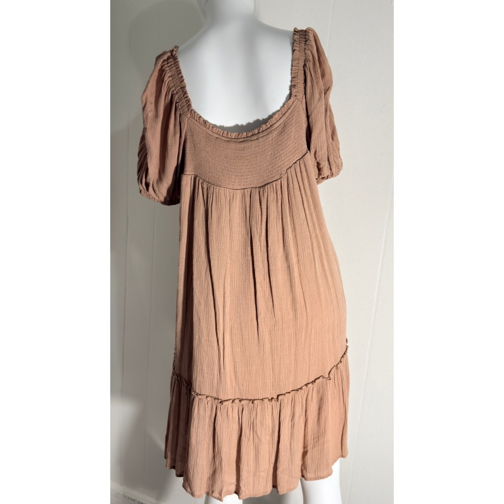 In Loom Womens Smocked Lace Trim Babydoll Mini Dress Taupe Brown Cottagecore - Picture 3 of 8